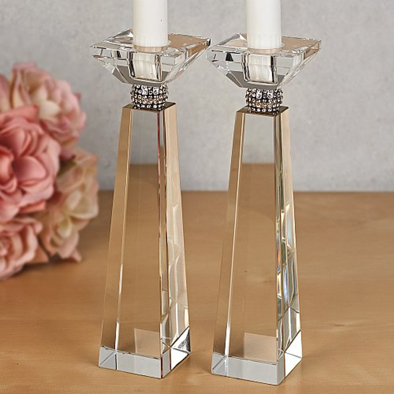 Crystal Candlesticks with Diamond Adornment 8 1/4"