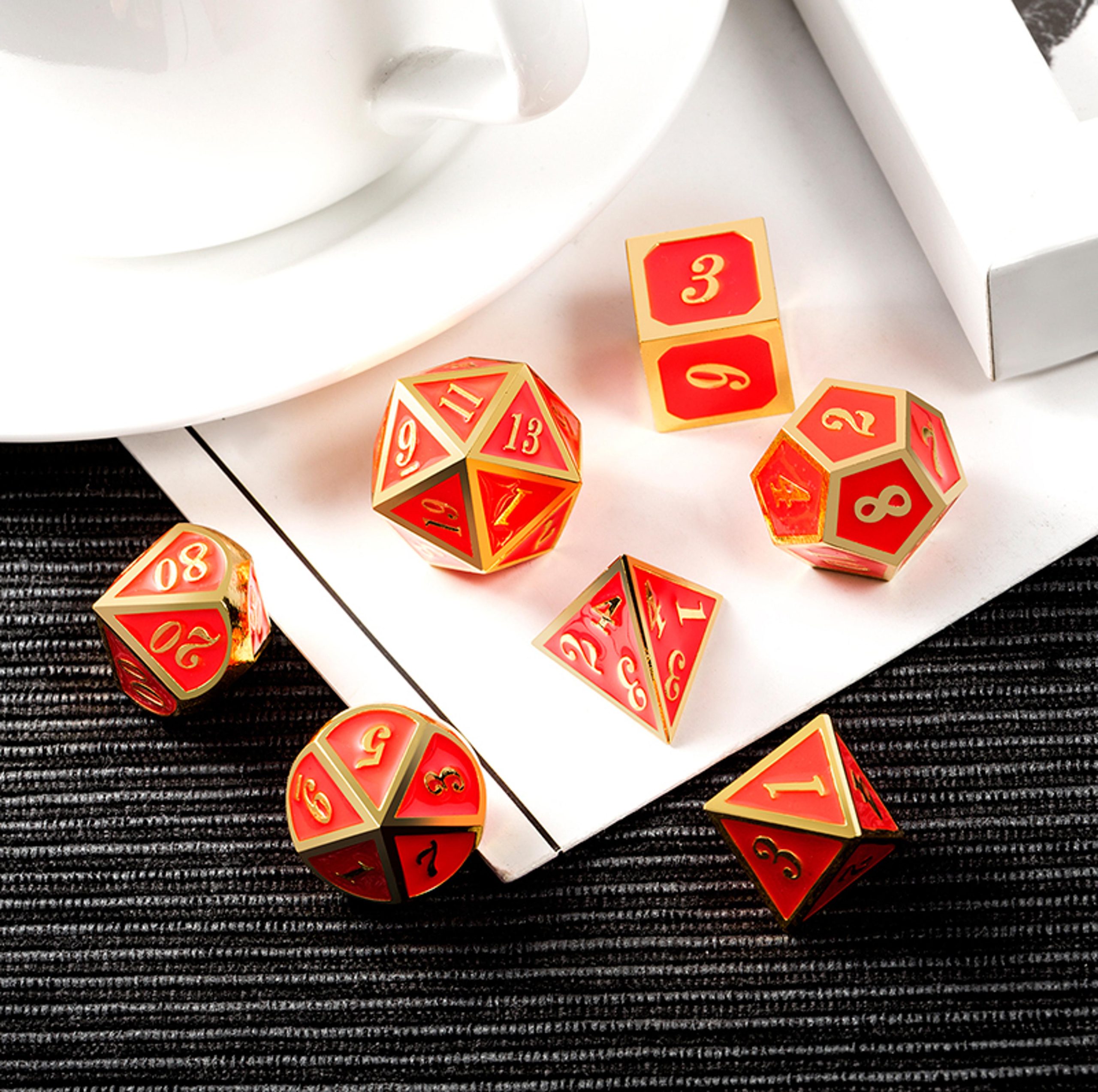 Dice Habit Polyhedral Metal and Enamel 7 Die Set - GITD Red/Gold