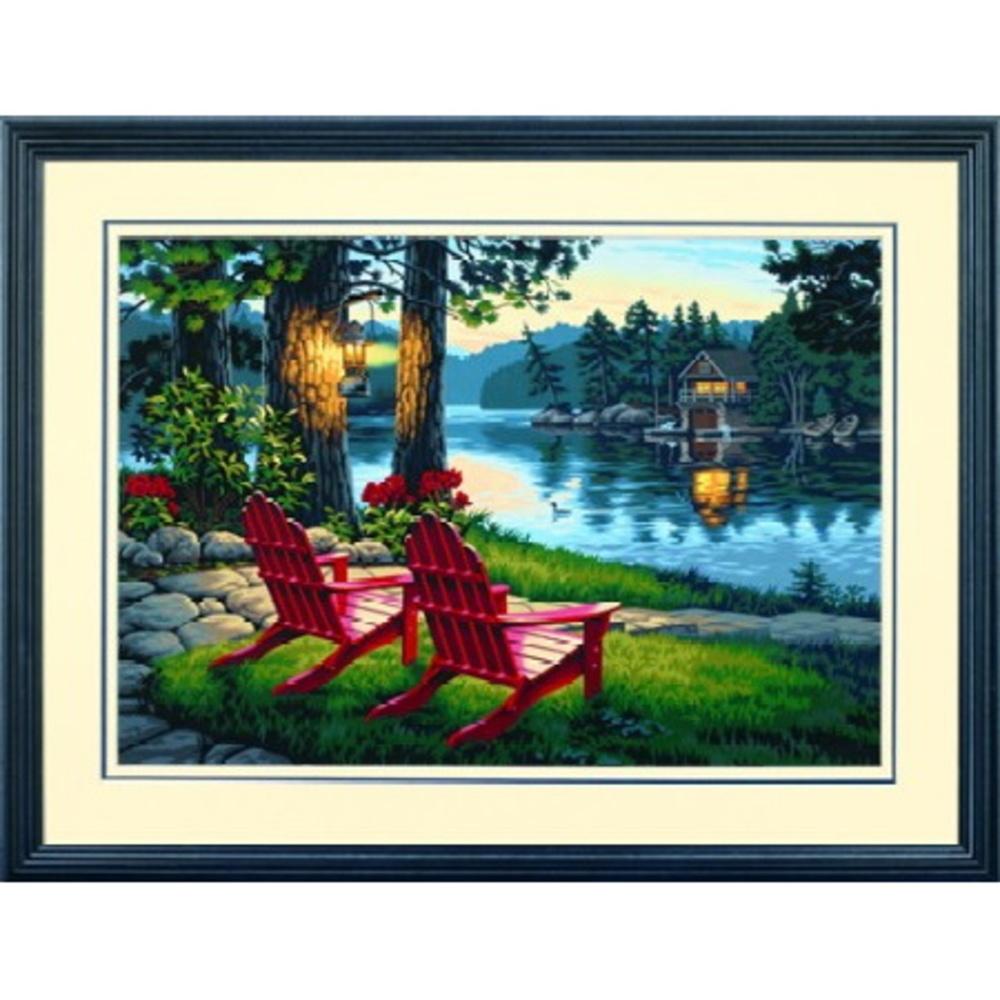 Paint by Number Adirondack Evening (Lake, Cabin, Chairs) (20"x14")