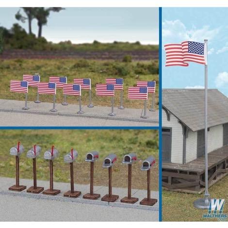 HO American Flags and Mailboxes -- 11 Post-1959 Flags, 8 Mailboxes