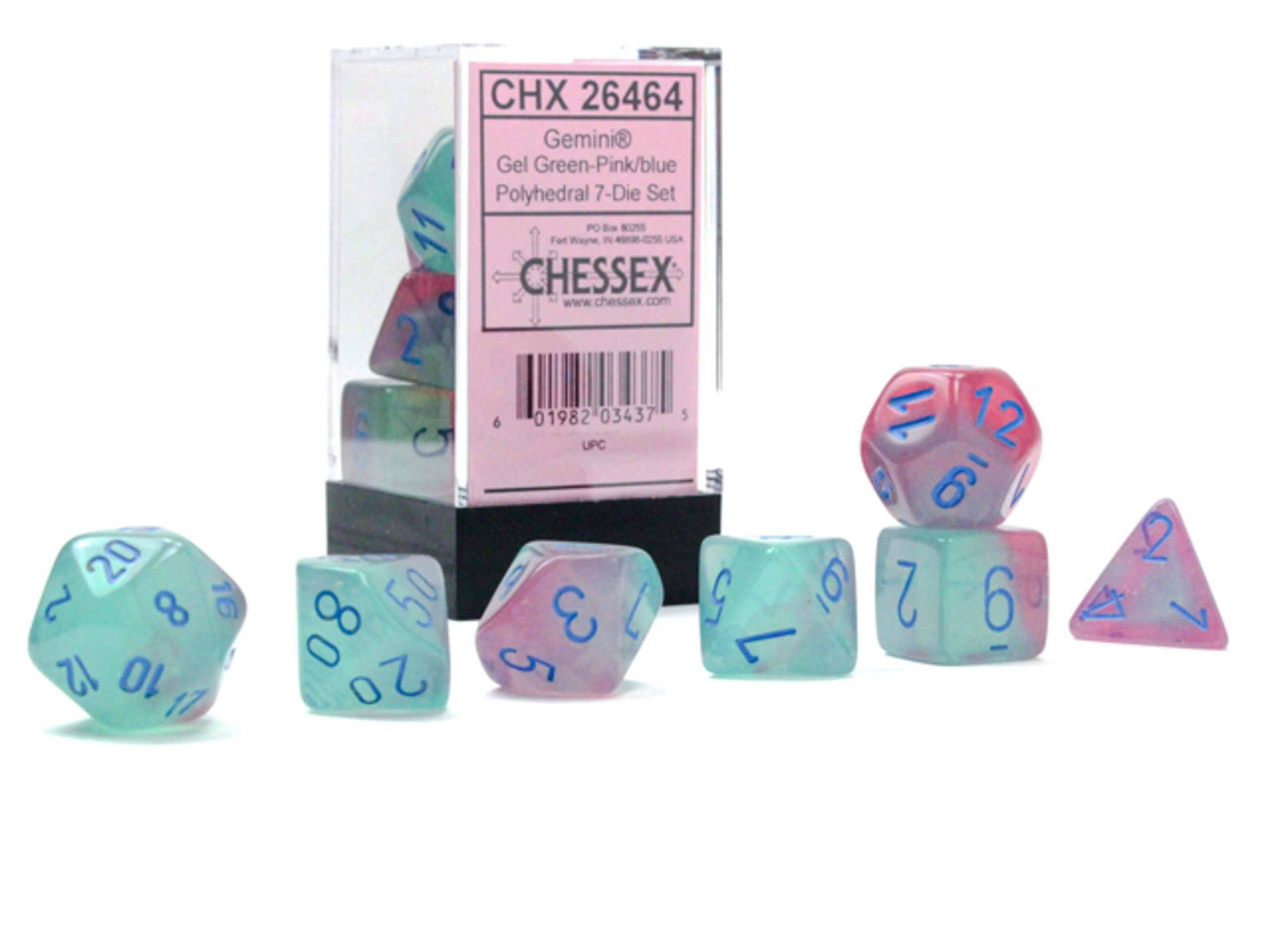 Chessex Gemini Polyhedral Gel Green-Pink/Blue Luminary 7 Die Set