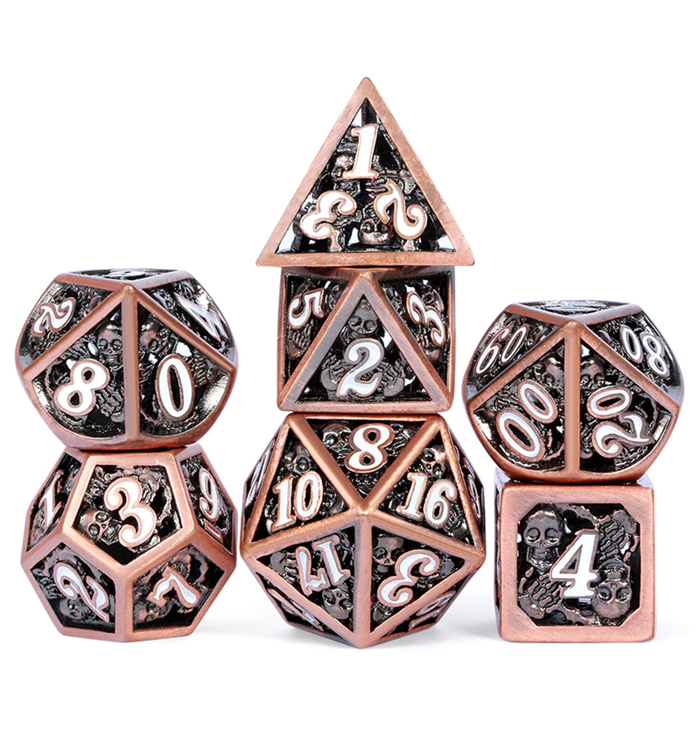 Dice Habit Hollow Polyhedral 7 Die Set - Skull Brass/White