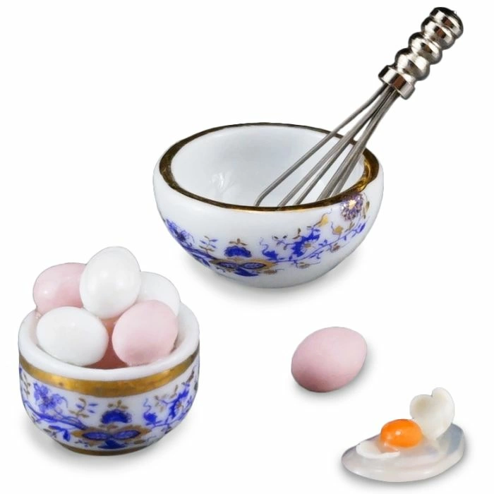 Eggs and Whisk with Blue and Gold Porcelain