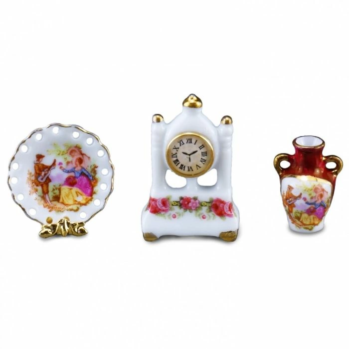 Porcelain Clock, Plate and Vase