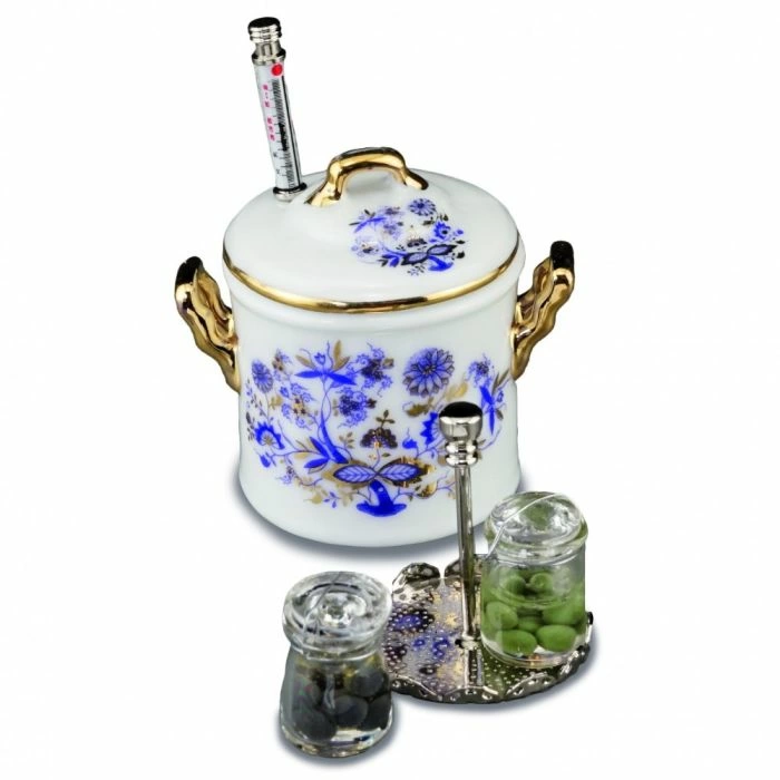 Blue and Gold Cooking Pot with Jars