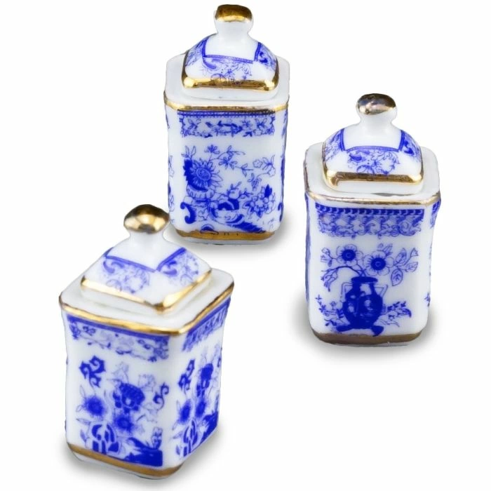 Three Blue and Gold Porcelain Storage Jars