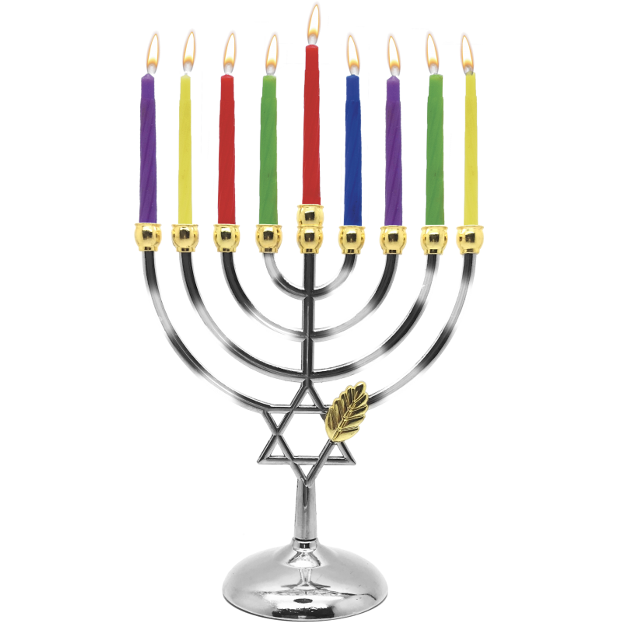 Candle Menorah Set (w. Instructions, Candles, Dreidles, and Play Gelt) Chrome Plated W/ Gold Tips