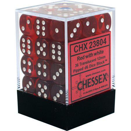 CHX23804: Translucent - 12mm D6 Red w/white (36)