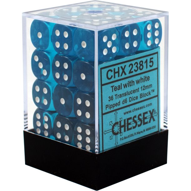 CHX23815: Translucent - 12mm D6 Teal w/white (36)