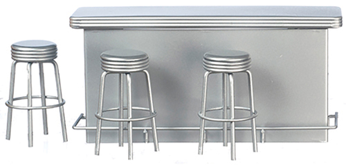 1950's Counter with 3 Stools, Silver