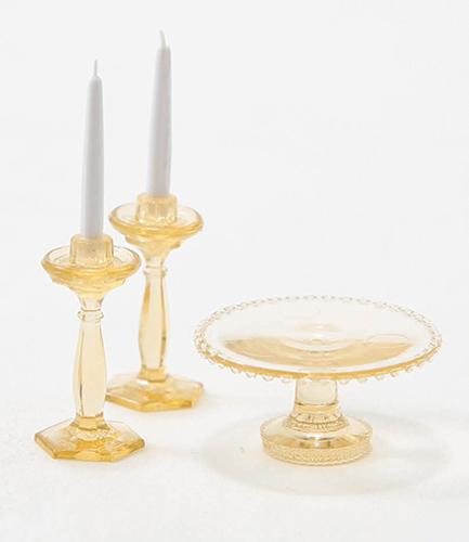 Cake Plate with 2 Candlesticks, Amber