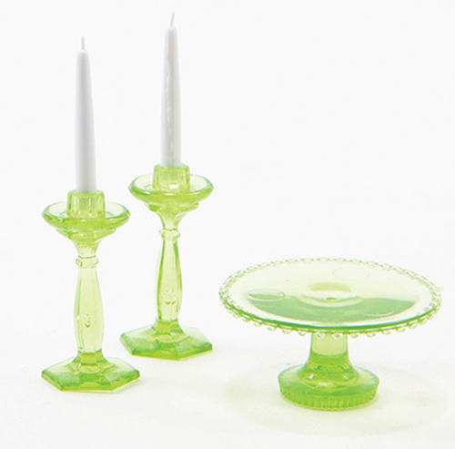 Cake Plate with 2 Candlesticks, Green