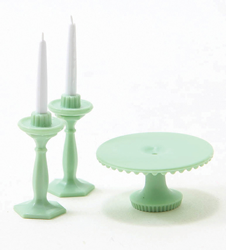 Cake Plate with 2 Candlesticks, Jadeite