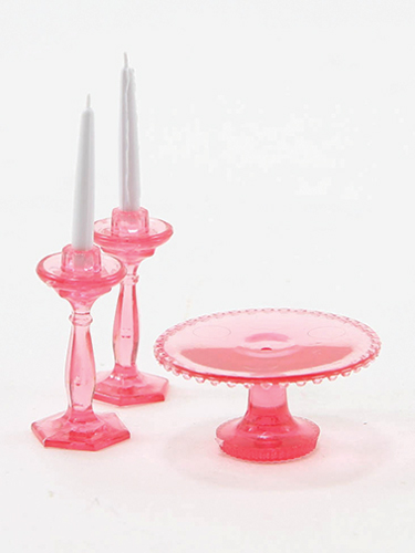 Cake Plate with 2 Candlesticks, Pink