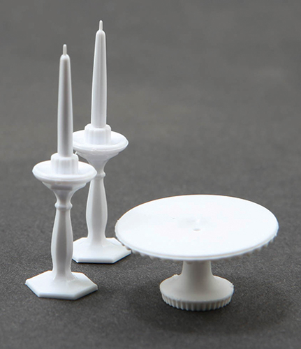 Cake Plate with 2 Candlesticks, White