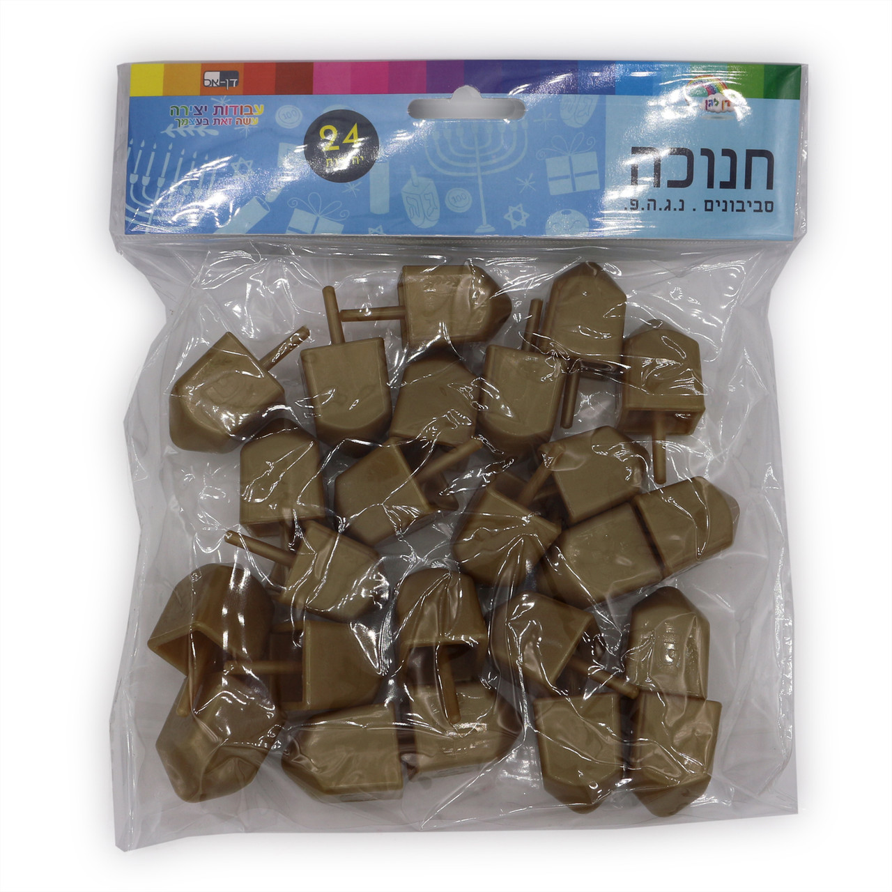 24 Israeli Style (נ,ג,ה,פ) Plastic Dreidels - Gold