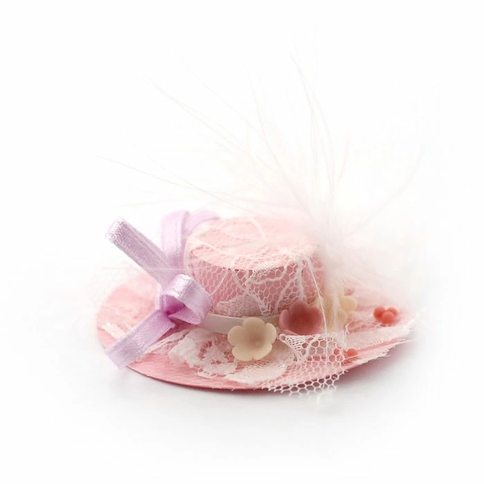 Pink Hat with Lace & Feather Trim