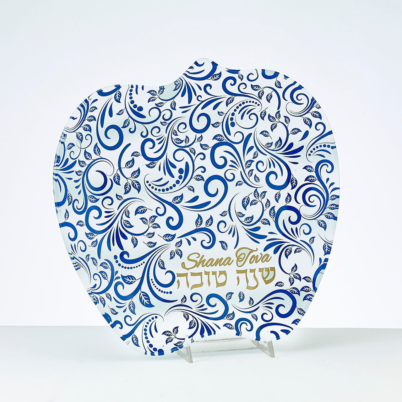Rosh Hashanah Glass Apple Plate with Blue and Gold - On Sale!