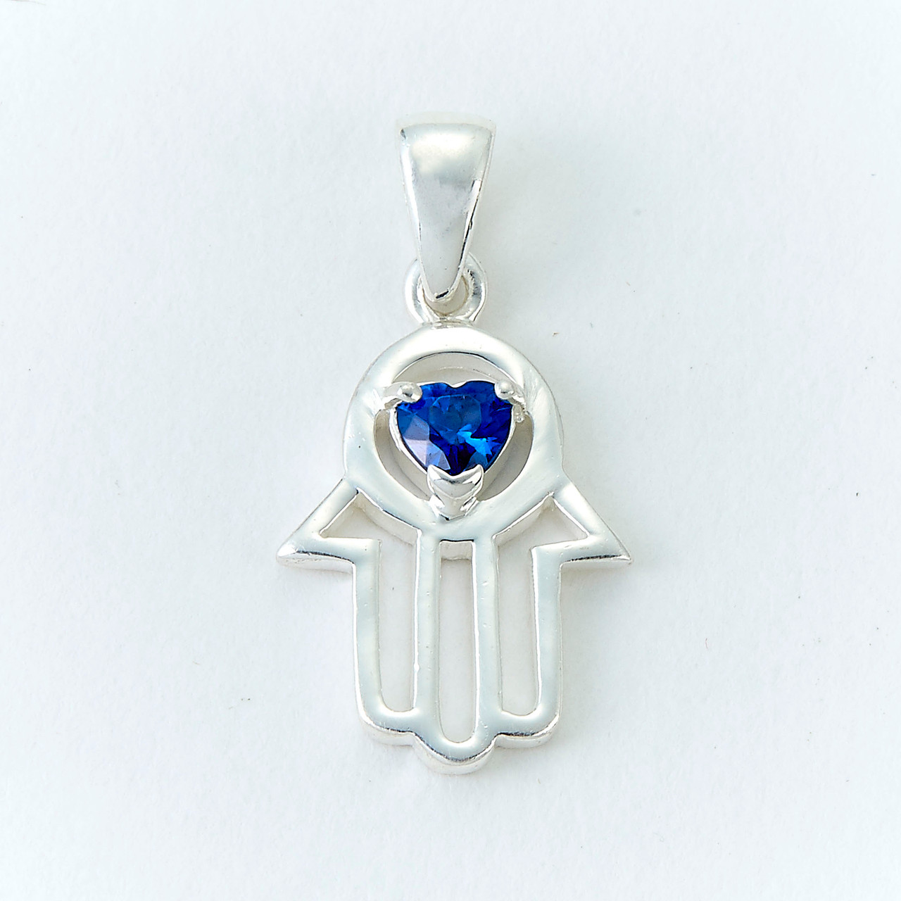 Sterling Hamsa Pendant with Blue Stone 3/4"