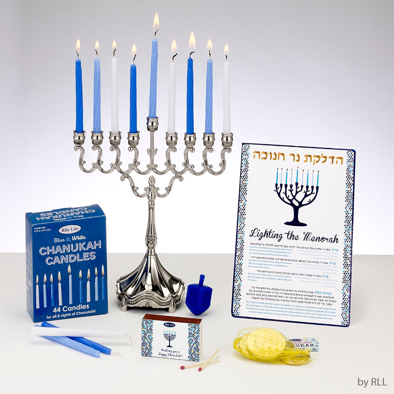 Set Of Silvertone Menorah, Candles, Gelt, Dreidel - As low as $19.79 in Bulk
