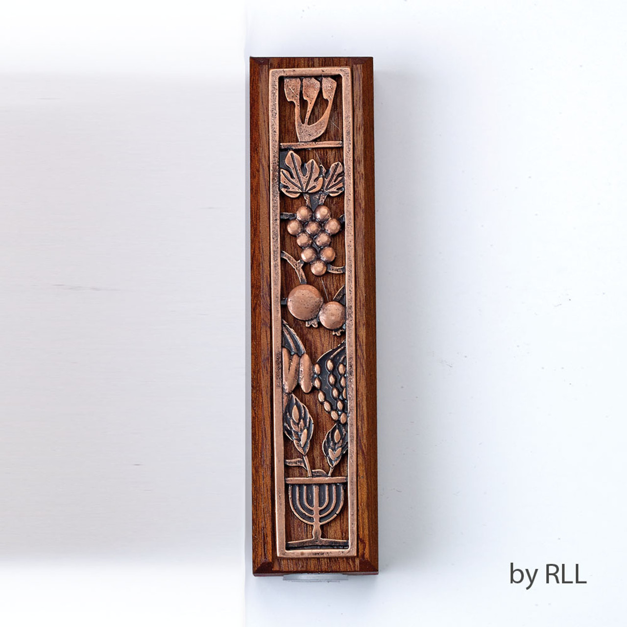 Mahogany Wood Mezuzah with Metal Design - 5"