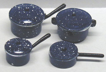 S/4 Blue Spatter Pots/Pans