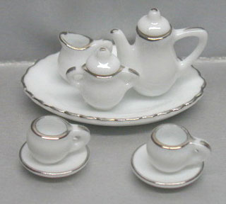 10 Pc White/Silver Trim Tea Service-Round