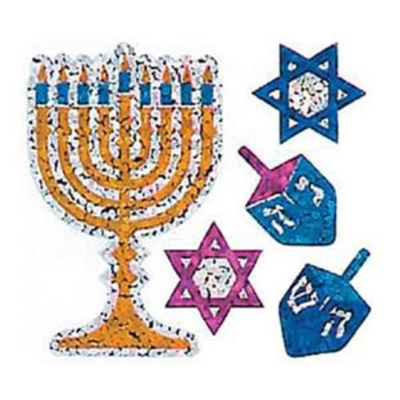 Menorah, Dreidel, and Star of David Prismatic Stickers (roll of 100 segments)