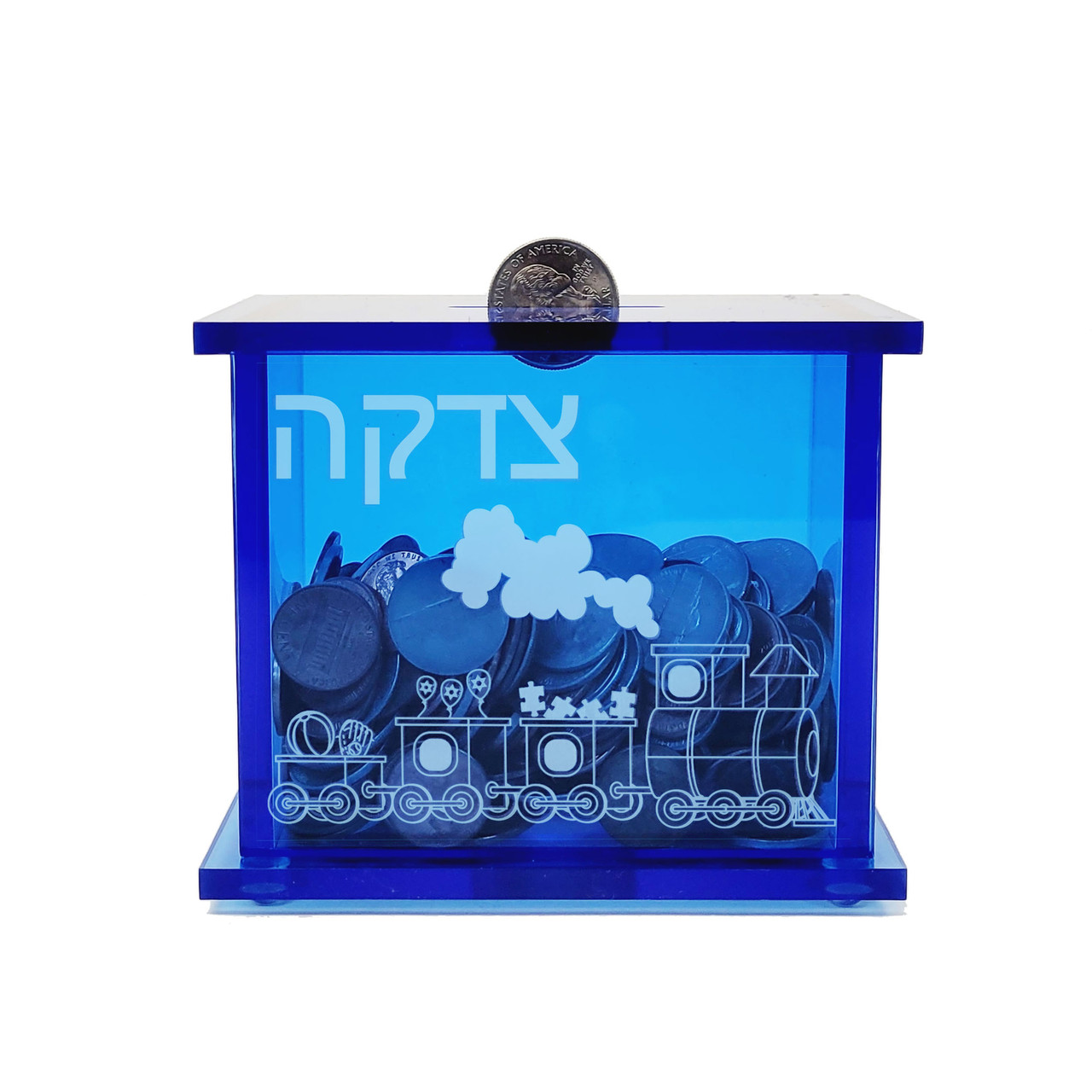 Blue Acrylic Tzedakah Box, Train Design - on Sale!