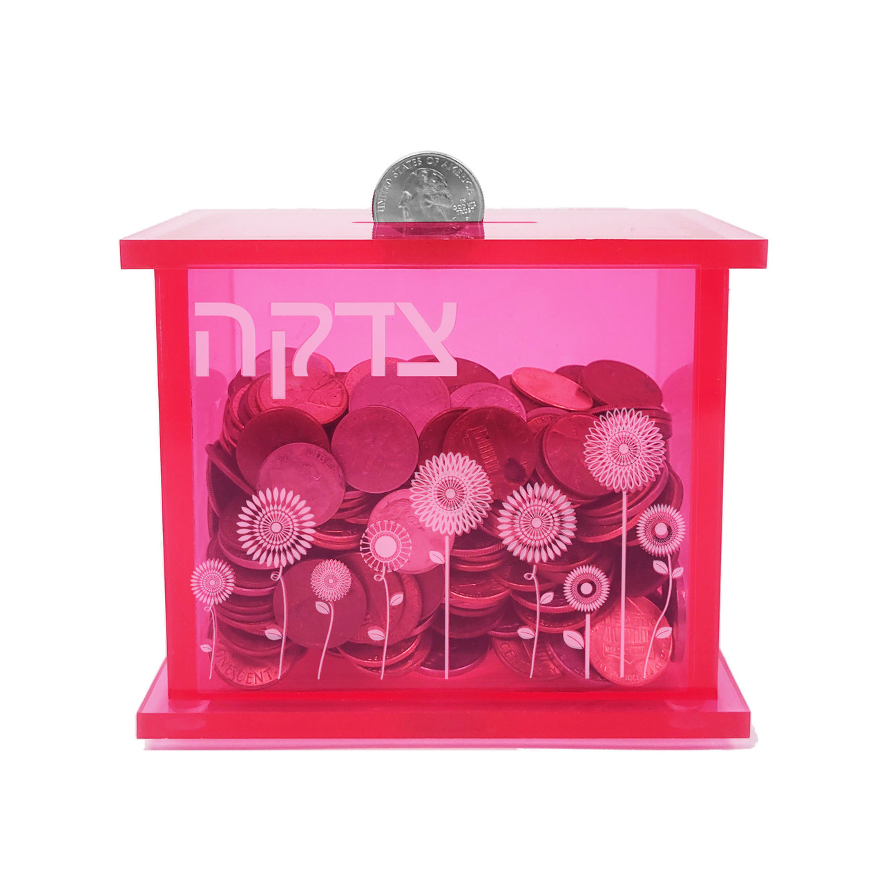 Pink Acrylic Tzedakah Box, Flower Design - on SALE!