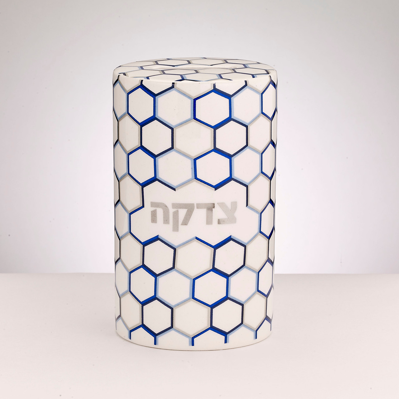 Honeycomb Design Ceramic Tzedakah Box Silver Accents