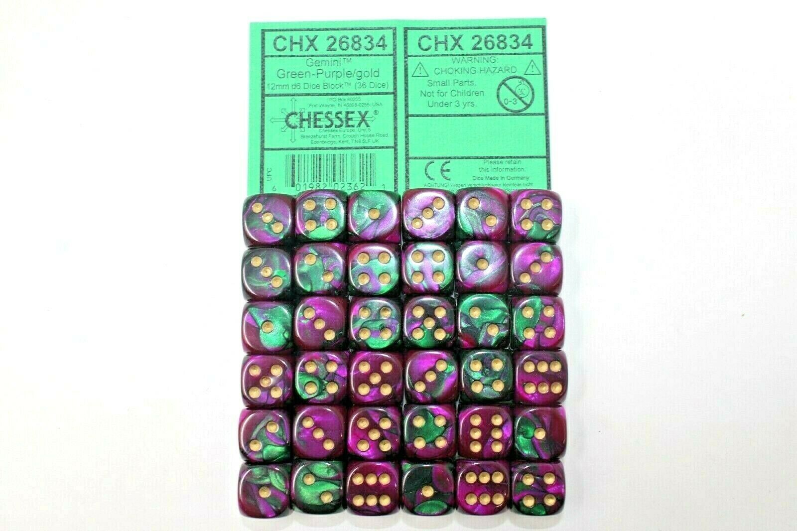 CHX26834: Gemini - 12mm D6 Green-Purple w/gold (36)
