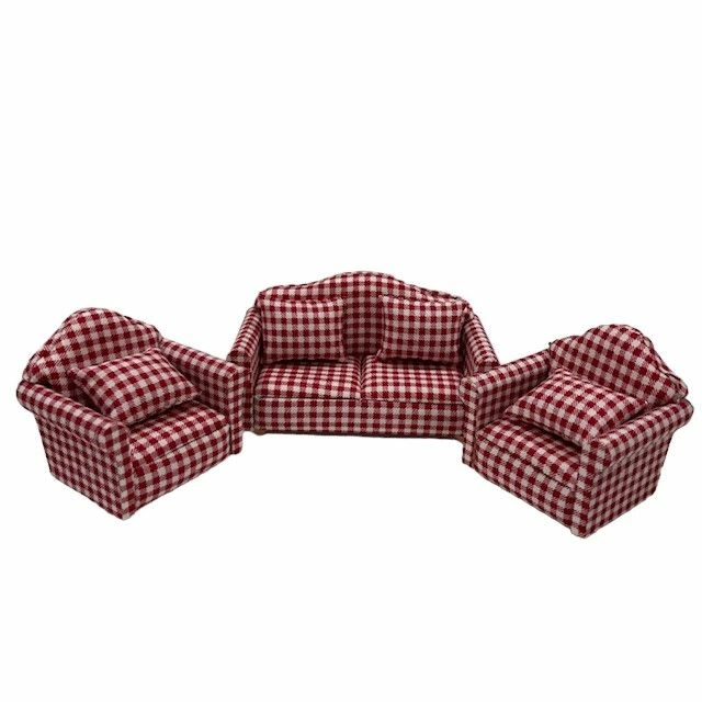 Red and White Check Sofa Set