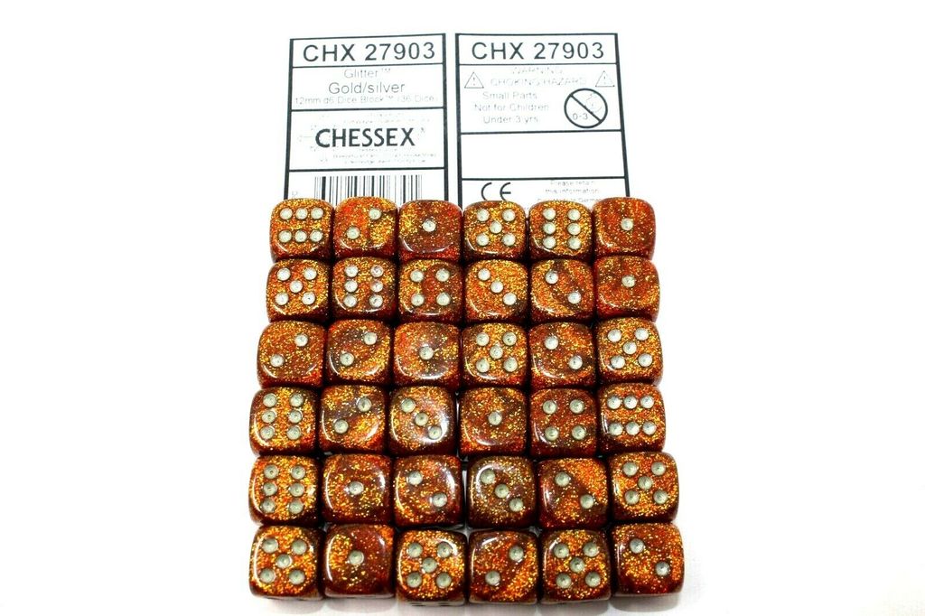 CHX27903: Glitter - 12mm D6 Gold w/silver (36)